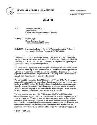 Download Memorandum Report: The Use of Payment Suspensions to Prevent Inappropriate Medicare Payments. - Office of the Investigator General | ePub
